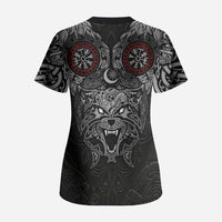 Fenrir Wolf and Vegvisir Viking Scrub Top Nordic Celtic Knotwork Black and Red Tribal Art