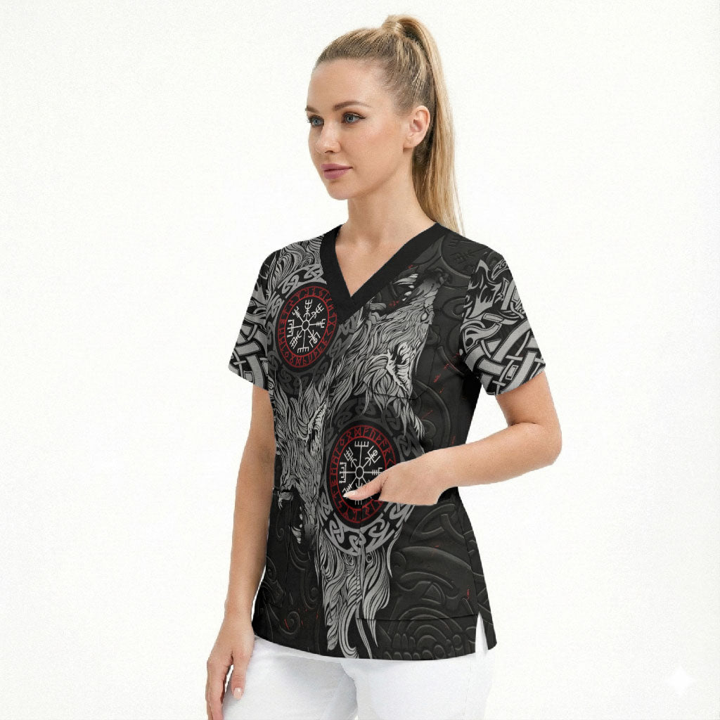Fenrir Wolf and Vegvisir Viking Scrub Top Nordic Celtic Knotwork Black and Red Tribal Art