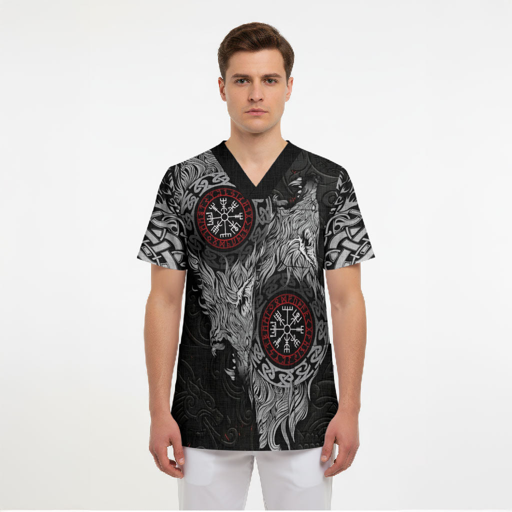 Fenrir Wolf and Vegvisir Viking Scrub Top Nordic Celtic Knotwork Black and Red Tribal Art