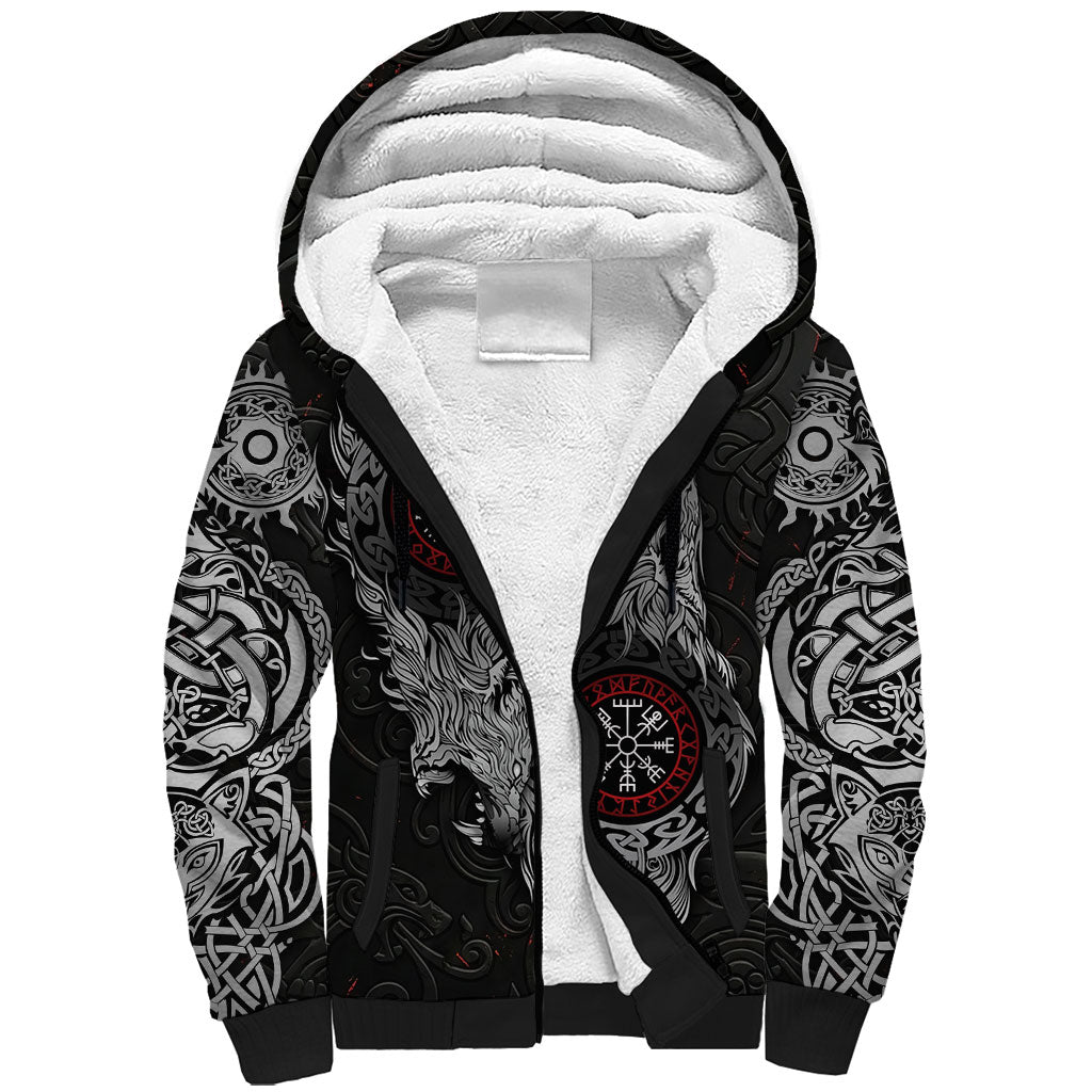 Fenrir Wolf and Vegvisir Viking Sherpa Hoodie Nordic Celtic Knotwork Black and Red Tribal Art