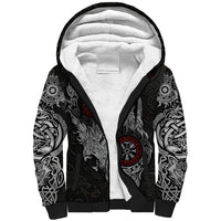Fenrir Wolf and Vegvisir Viking Sherpa Hoodie Nordic Celtic Knotwork Black and Red Tribal Art