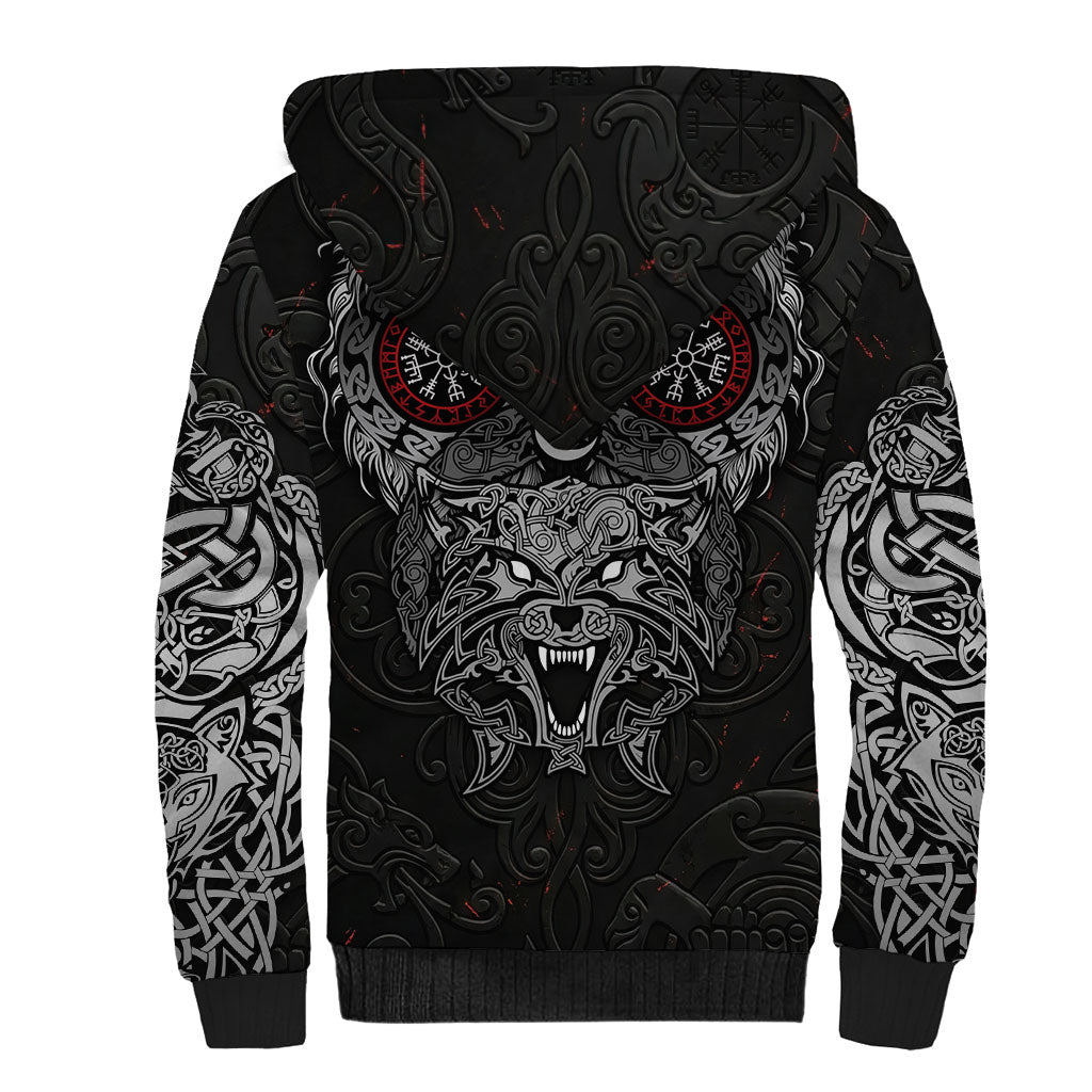 Fenrir Wolf and Vegvisir Viking Sherpa Hoodie Nordic Celtic Knotwork Black and Red Tribal Art