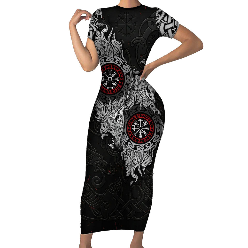 Fenrir Wolf and Vegvisir Viking Short Sleeve Bodycon Dress Nordic Celtic Knotwork Black and Red Tribal Art