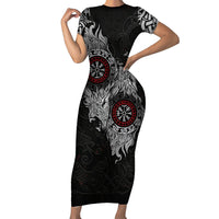 Fenrir Wolf and Vegvisir Viking Short Sleeve Bodycon Dress Nordic Celtic Knotwork Black and Red Tribal Art