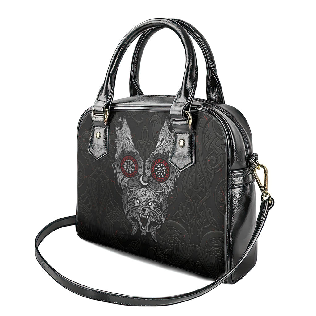 Fenrir Wolf and Vegvisir Viking Shoulder Handbag Nordic Celtic Knotwork Black and Red Tribal Art