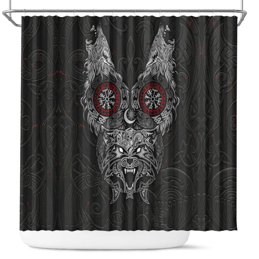 Fenrir Wolf and Vegvisir Viking Shower Curtain Nordic Celtic Knotwork Black and Red Tribal Art
