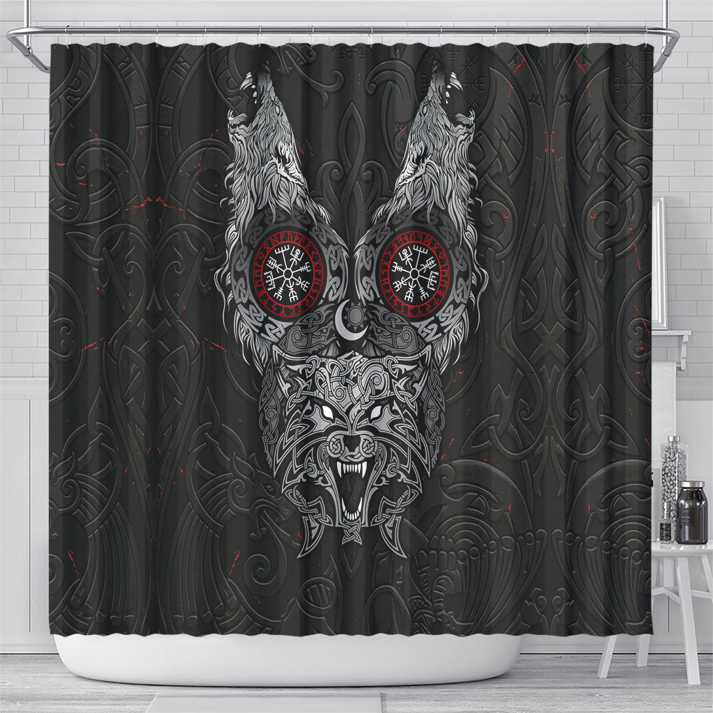 Fenrir Wolf and Vegvisir Viking Shower Curtain Nordic Celtic Knotwork Black and Red Tribal Art