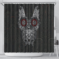 Fenrir Wolf and Vegvisir Viking Shower Curtain Nordic Celtic Knotwork Black and Red Tribal Art