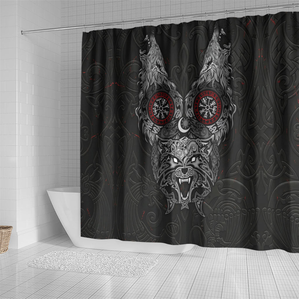 Fenrir Wolf and Vegvisir Viking Shower Curtain Nordic Celtic Knotwork Black and Red Tribal Art