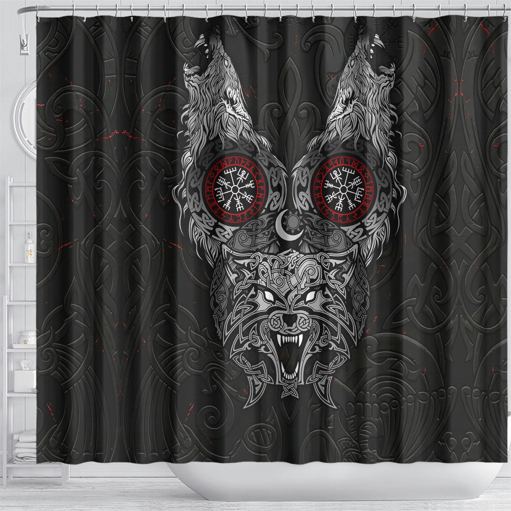 Fenrir Wolf and Vegvisir Viking Shower Curtain Nordic Celtic Knotwork Black and Red Tribal Art