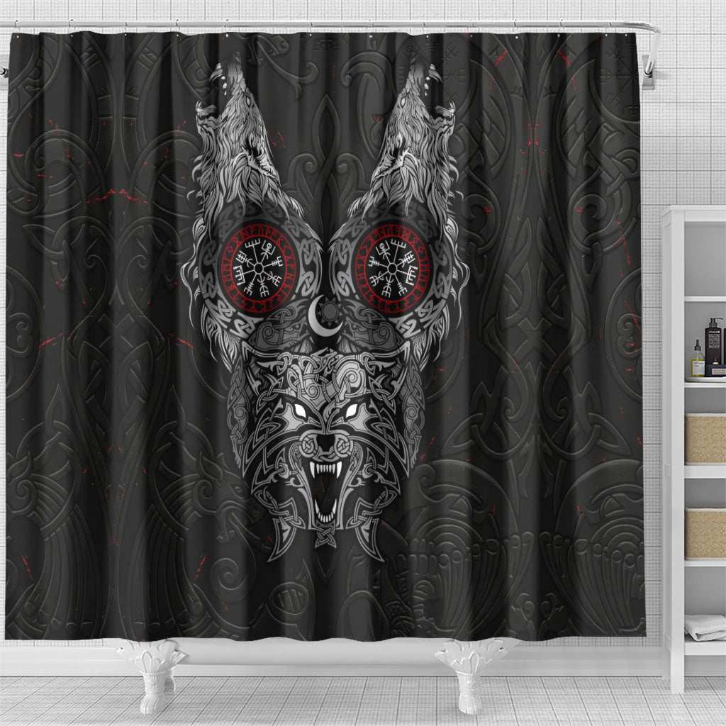 Fenrir Wolf and Vegvisir Viking Shower Curtain Nordic Celtic Knotwork Black and Red Tribal Art
