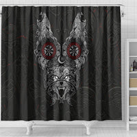 Fenrir Wolf and Vegvisir Viking Shower Curtain Nordic Celtic Knotwork Black and Red Tribal Art