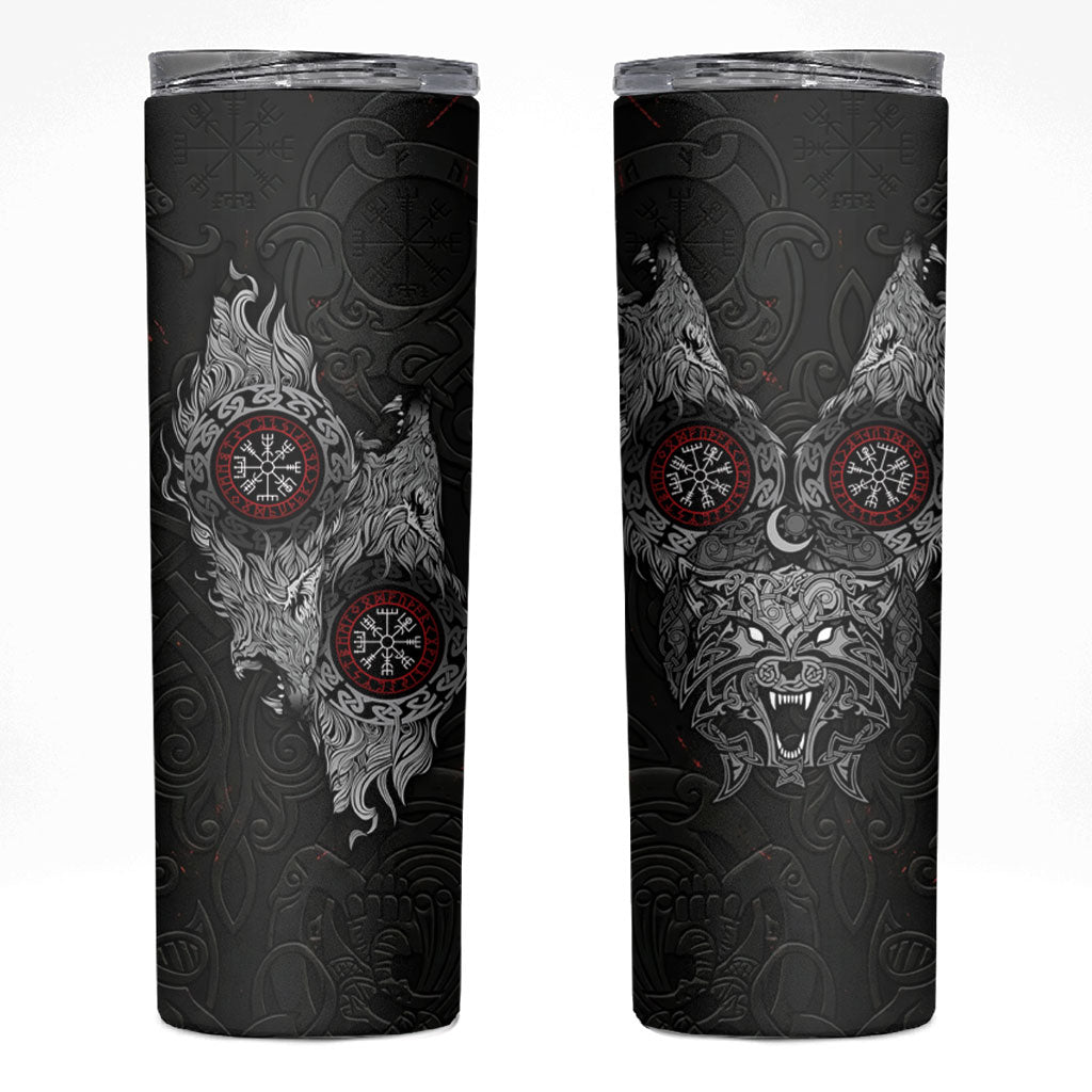 Fenrir Wolf and Vegvisir Viking Skinny Tumbler Nordic Celtic Knotwork Black and Red Tribal Art