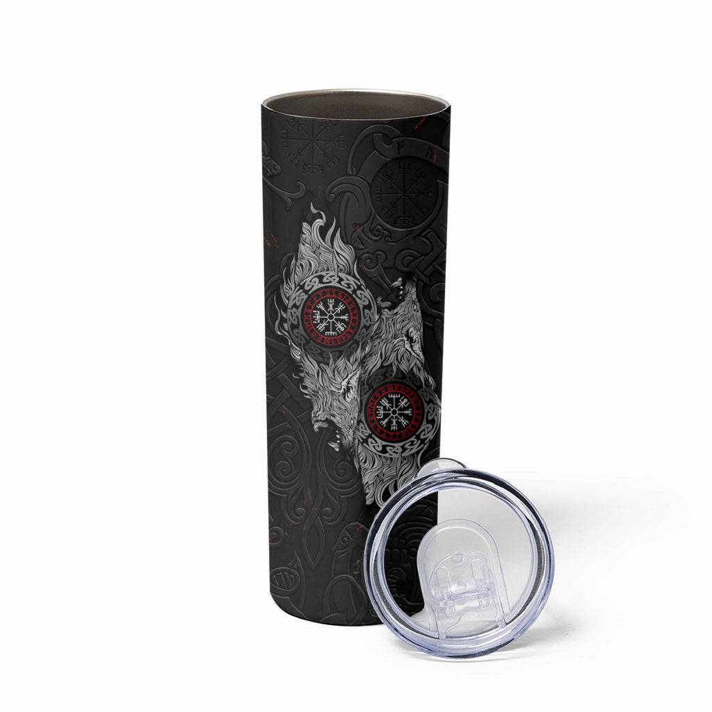 Fenrir Wolf and Vegvisir Viking Skinny Tumbler Nordic Celtic Knotwork Black and Red Tribal Art