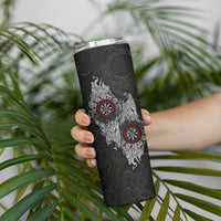 Fenrir Wolf and Vegvisir Viking Skinny Tumbler Nordic Celtic Knotwork Black and Red Tribal Art