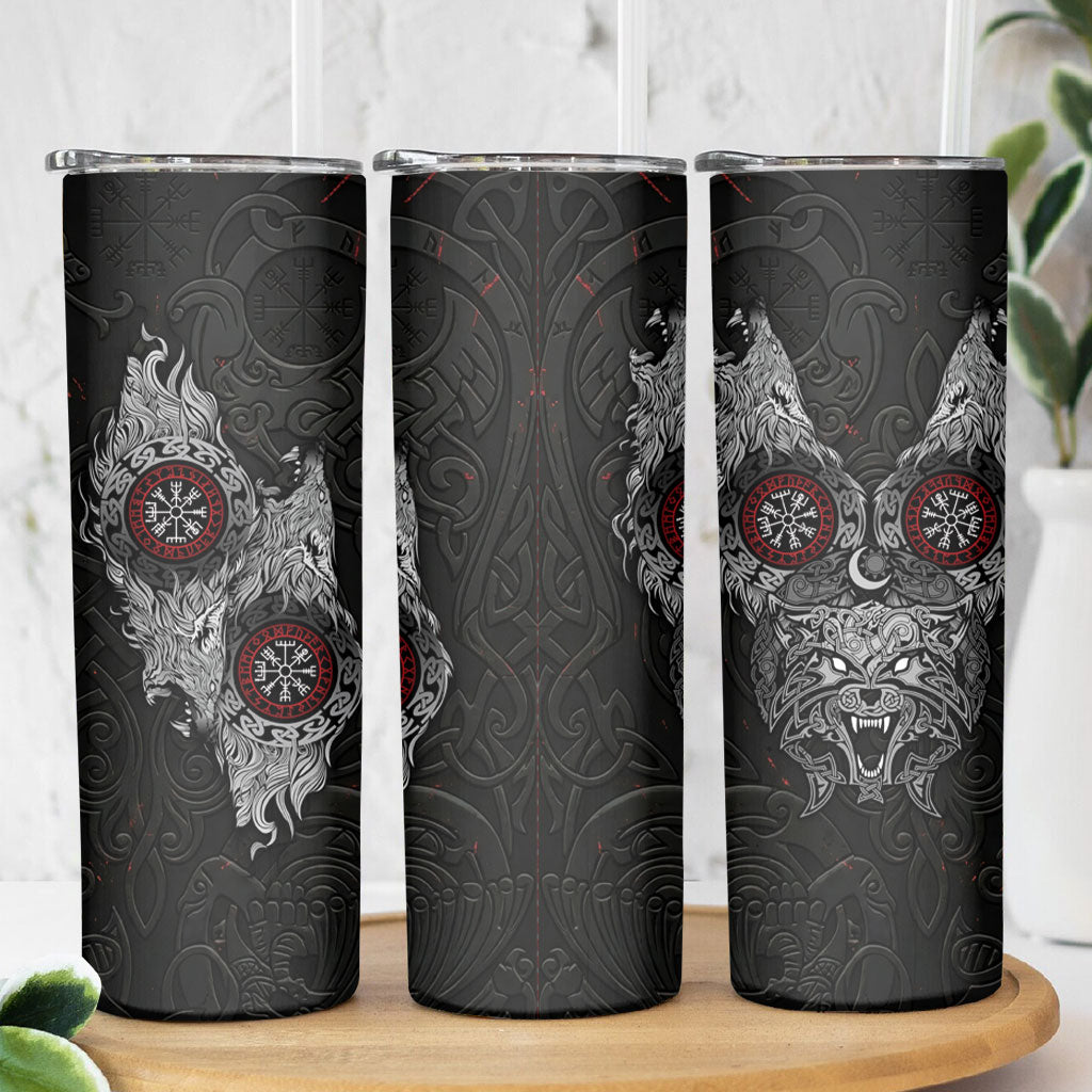 Fenrir Wolf and Vegvisir Viking Skinny Tumbler Nordic Celtic Knotwork Black and Red Tribal Art