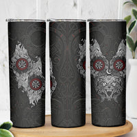 Fenrir Wolf and Vegvisir Viking Skinny Tumbler Nordic Celtic Knotwork Black and Red Tribal Art