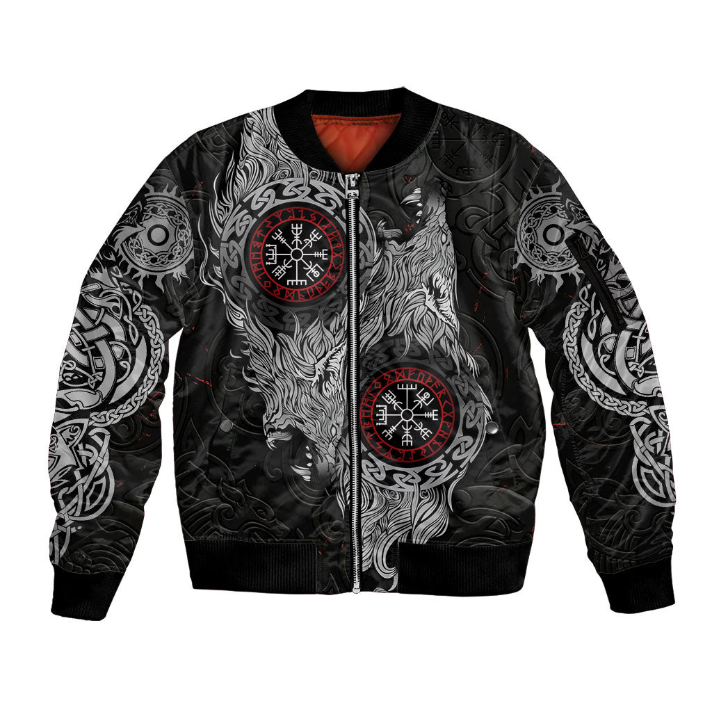 Fenrir Wolf and Vegvisir Viking Sleeve Zip Bomber Jacket Nordic Celtic Knotwork Black and Red Tribal Art