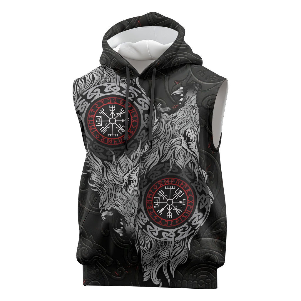 Fenrir Wolf and Vegvisir Viking Sleeveless Hoodie Nordic Celtic Knotwork Black and Red Tribal Art