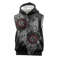 Fenrir Wolf and Vegvisir Viking Sleeveless Hoodie Nordic Celtic Knotwork Black and Red Tribal Art