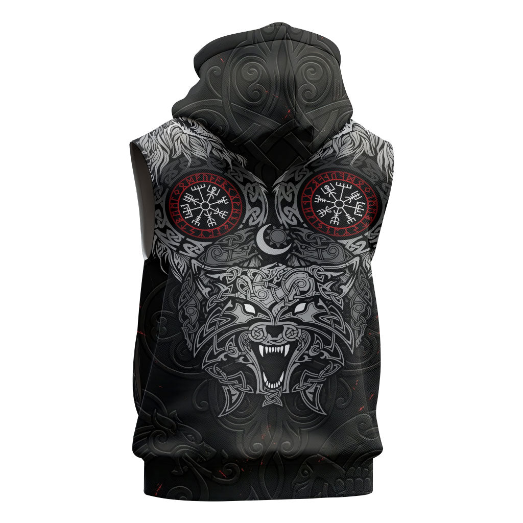 Fenrir Wolf and Vegvisir Viking Sleeveless Hoodie Nordic Celtic Knotwork Black and Red Tribal Art
