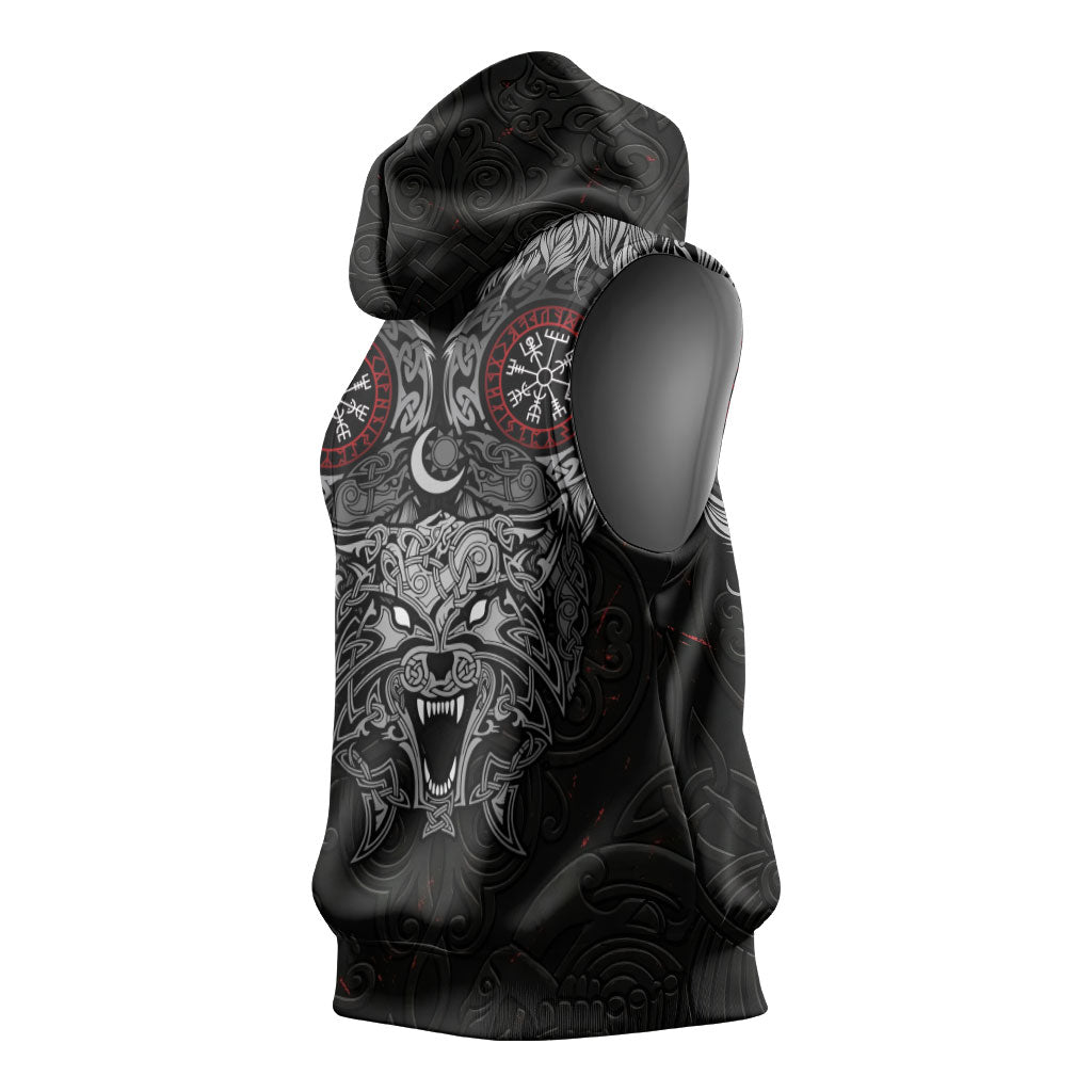 Fenrir Wolf and Vegvisir Viking Sleeveless Hoodie Nordic Celtic Knotwork Black and Red Tribal Art