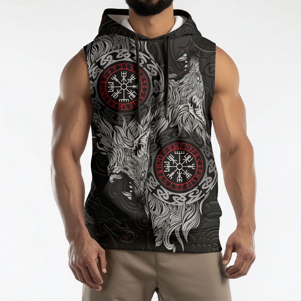 Fenrir Wolf and Vegvisir Viking Sleeveless Hoodie Nordic Celtic Knotwork Black and Red Tribal Art