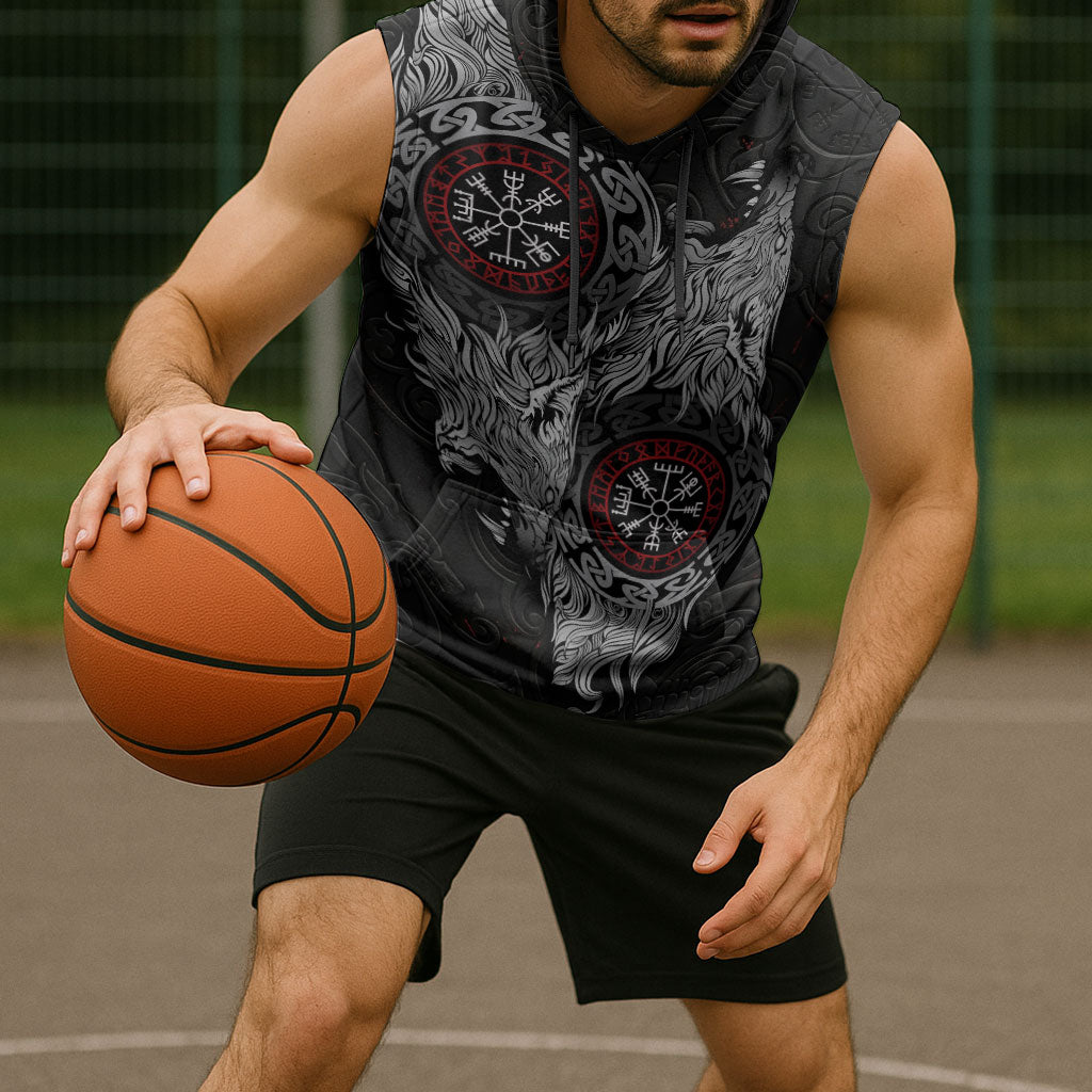 Fenrir Wolf and Vegvisir Viking Sleeveless Hoodie Nordic Celtic Knotwork Black and Red Tribal Art