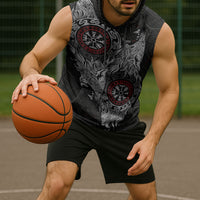Fenrir Wolf and Vegvisir Viking Sleeveless Hoodie Nordic Celtic Knotwork Black and Red Tribal Art