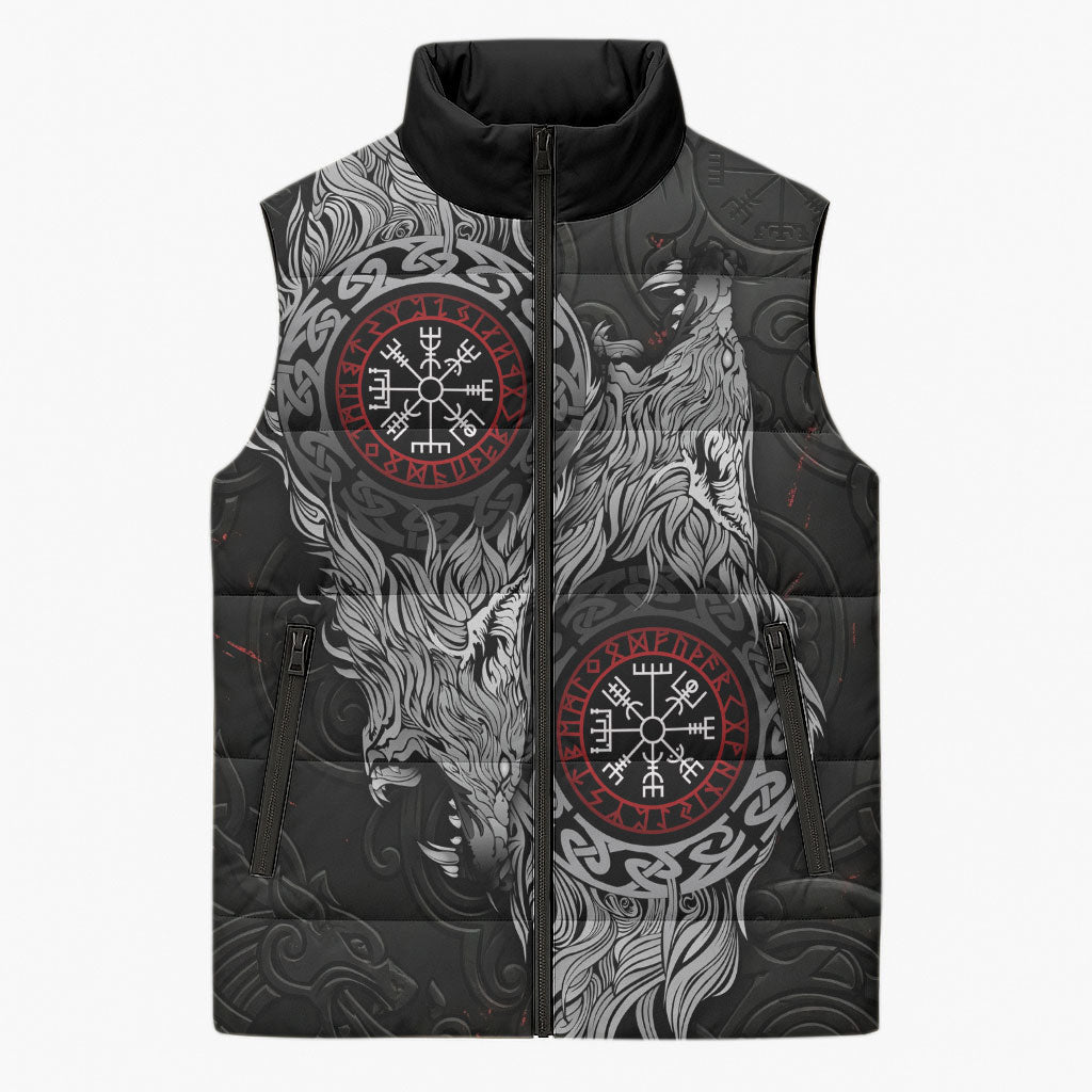 Fenrir Wolf and Vegvisir Viking Sleeveless Puffer Jacket Nordic Celtic Knotwork Black and Red Tribal Art