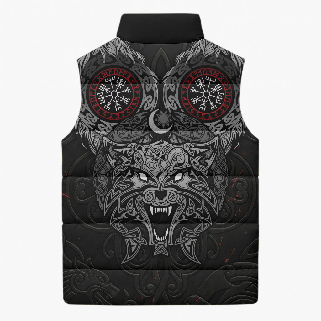 Fenrir Wolf and Vegvisir Viking Sleeveless Puffer Jacket Nordic Celtic Knotwork Black and Red Tribal Art