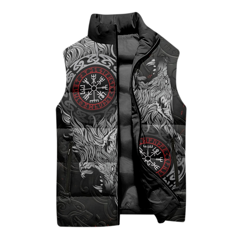 Fenrir Wolf and Vegvisir Viking Sleeveless Puffer Jacket Nordic Celtic Knotwork Black and Red Tribal Art