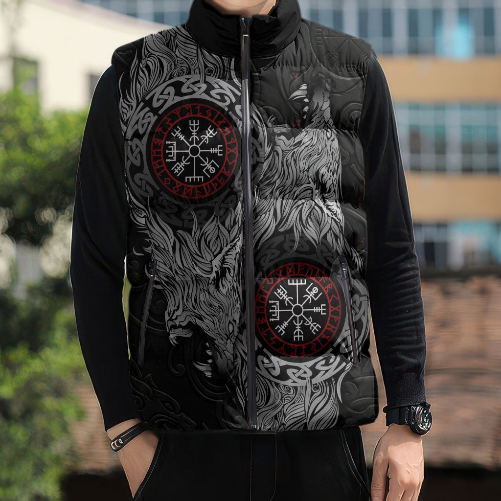 Fenrir Wolf and Vegvisir Viking Sleeveless Puffer Jacket Nordic Celtic Knotwork Black and Red Tribal Art