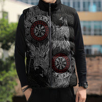 Fenrir Wolf and Vegvisir Viking Sleeveless Puffer Jacket Nordic Celtic Knotwork Black and Red Tribal Art