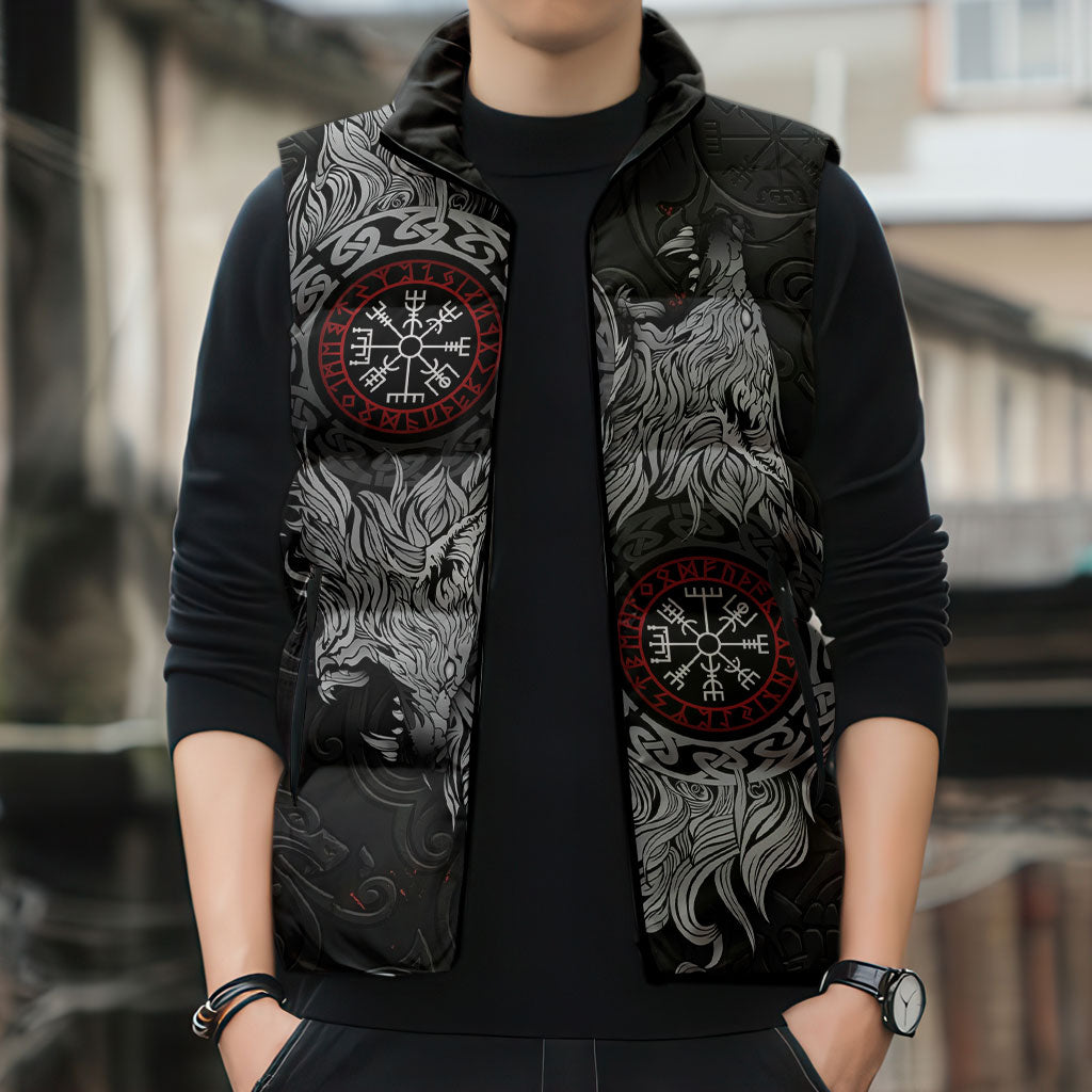 Fenrir Wolf and Vegvisir Viking Sleeveless Puffer Jacket Nordic Celtic Knotwork Black and Red Tribal Art