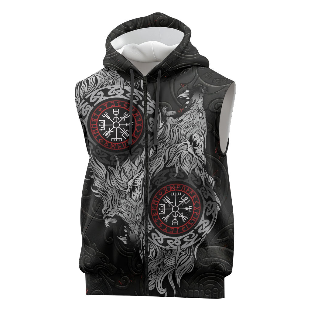 Fenrir Wolf and Vegvisir Viking Sleeveless Zip Hoodie Nordic Celtic Knotwork Black and Red Tribal Art