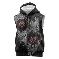 Fenrir Wolf and Vegvisir Viking Sleeveless Zip Hoodie Nordic Celtic Knotwork Black and Red Tribal Art