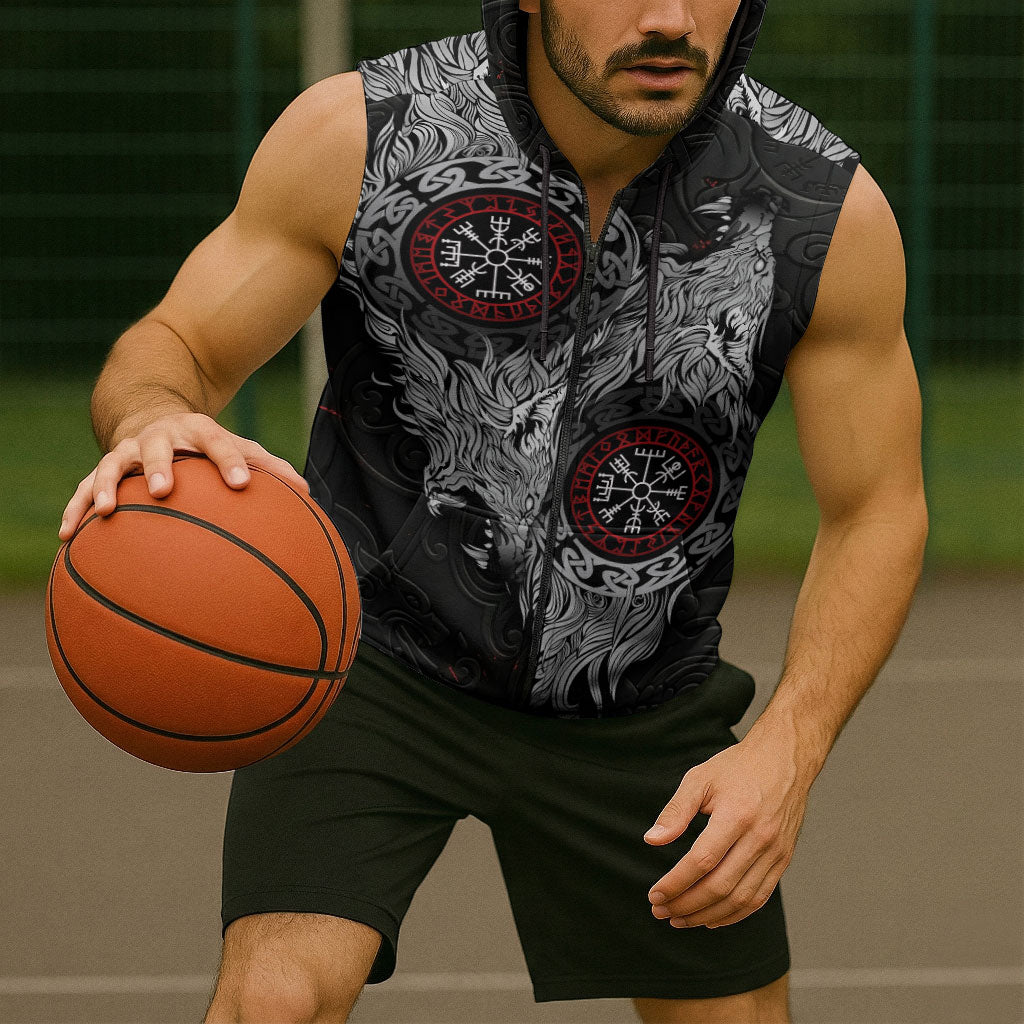 Fenrir Wolf and Vegvisir Viking Sleeveless Zip Hoodie Nordic Celtic Knotwork Black and Red Tribal Art