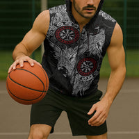 Fenrir Wolf and Vegvisir Viking Sleeveless Zip Hoodie Nordic Celtic Knotwork Black and Red Tribal Art