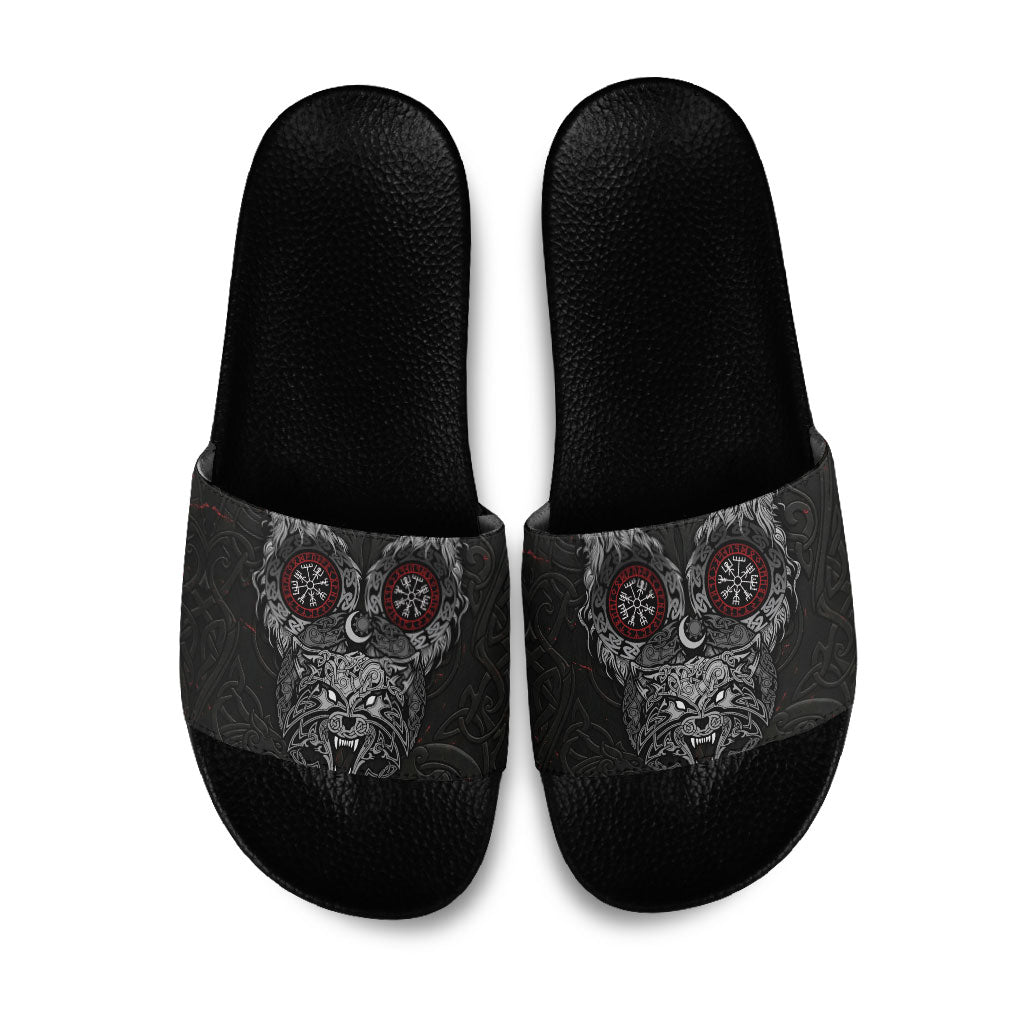 Fenrir Wolf and Vegvisir Viking Slide Sandals Nordic Celtic Knotwork Black and Red Tribal Art