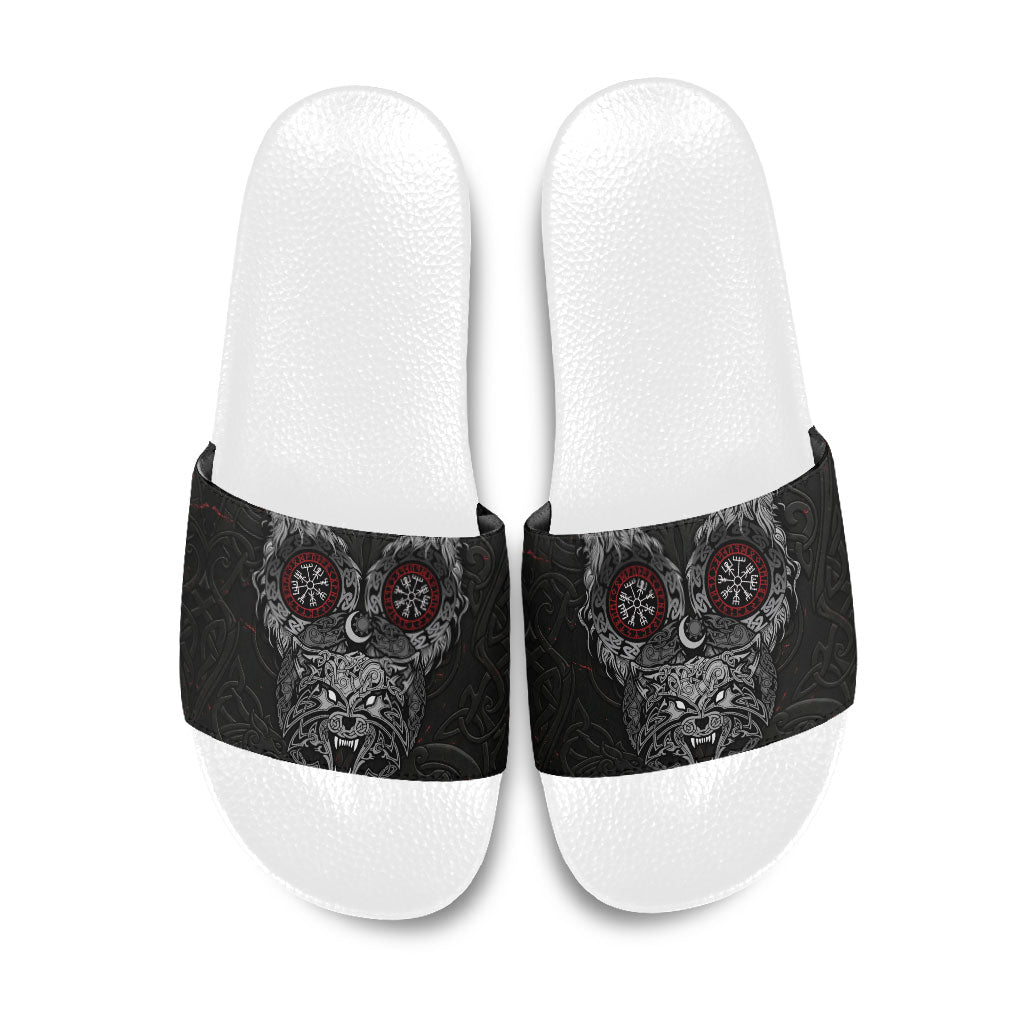 Fenrir Wolf and Vegvisir Viking Slide Sandals Nordic Celtic Knotwork Black and Red Tribal Art