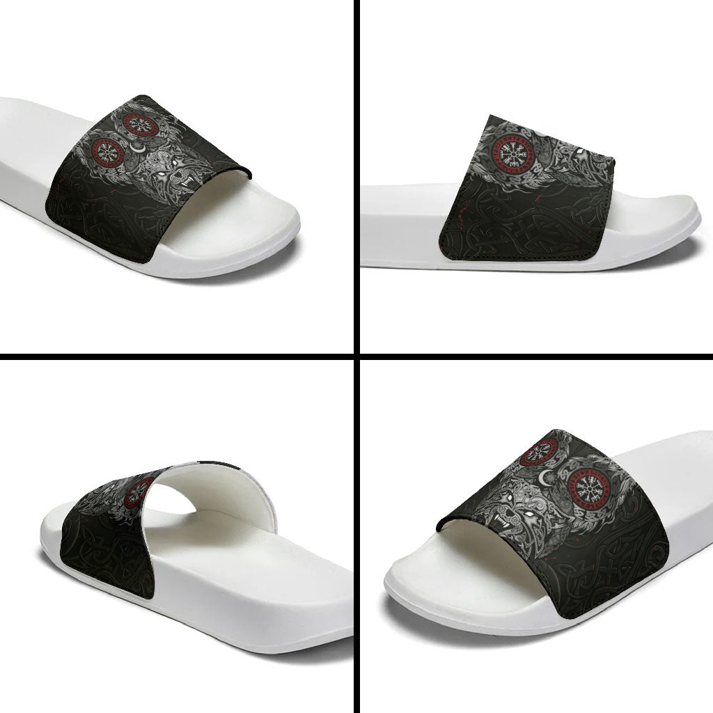Fenrir Wolf and Vegvisir Viking Slide Sandals Nordic Celtic Knotwork Black and Red Tribal Art