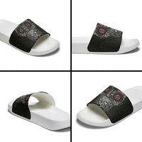 Fenrir Wolf and Vegvisir Viking Slide Sandals Nordic Celtic Knotwork Black and Red Tribal Art