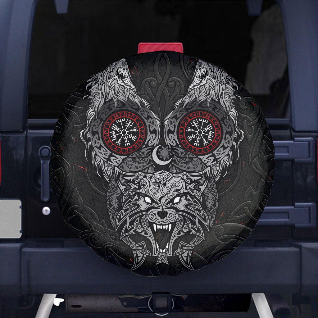 Fenrir Wolf and Vegvisir Viking Spare Tire Cover Nordic Celtic Knotwork Black and Red Tribal Art
