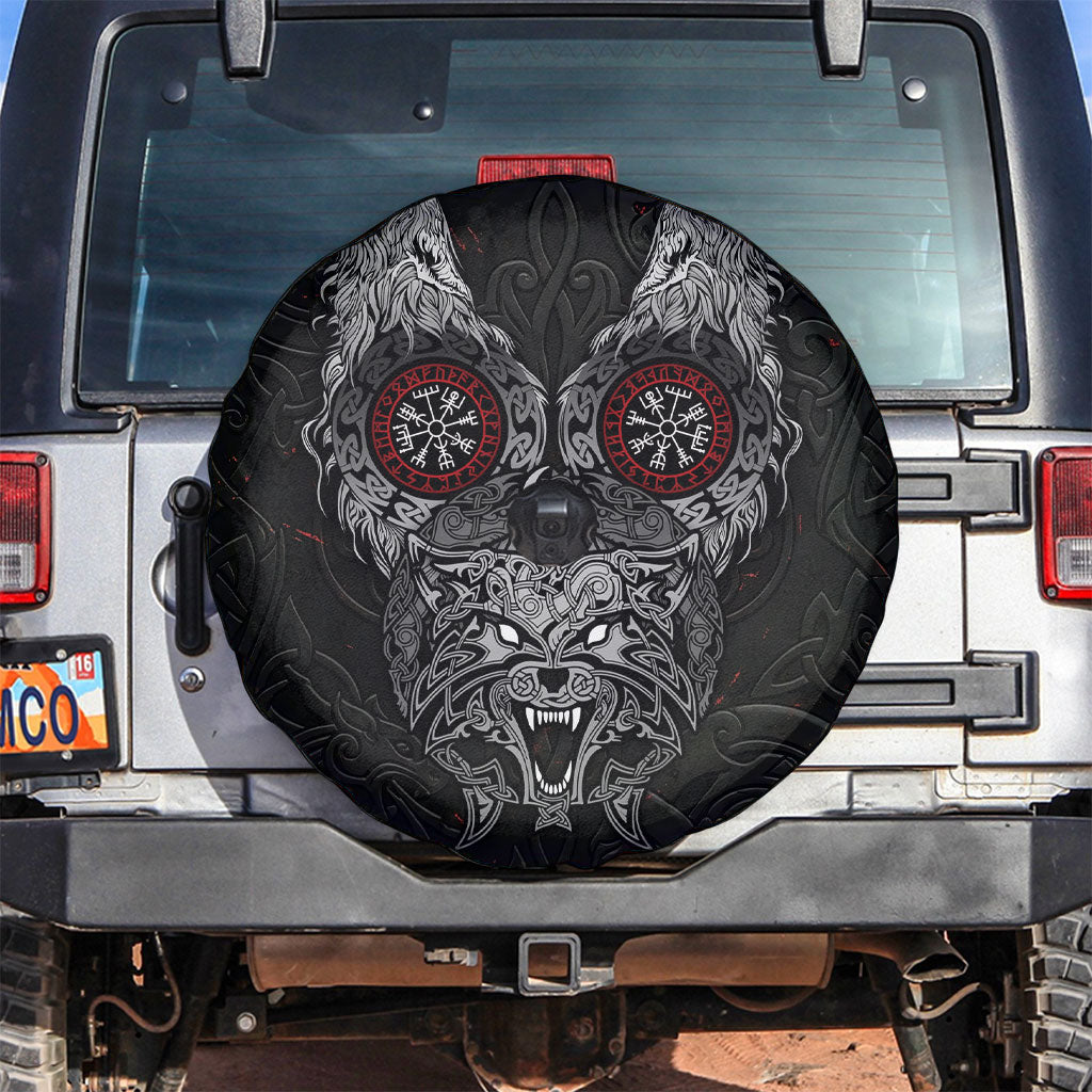 Fenrir Wolf and Vegvisir Viking Spare Tire Cover Nordic Celtic Knotwork Black and Red Tribal Art