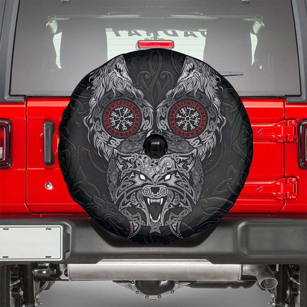 Fenrir Wolf and Vegvisir Viking Spare Tire Cover Nordic Celtic Knotwork Black and Red Tribal Art