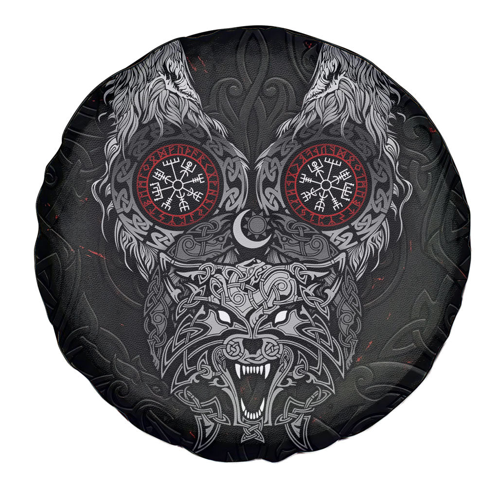 Fenrir Wolf and Vegvisir Viking Spare Tire Cover Nordic Celtic Knotwork Black and Red Tribal Art