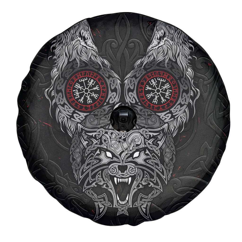 Fenrir Wolf and Vegvisir Viking Spare Tire Cover Nordic Celtic Knotwork Black and Red Tribal Art
