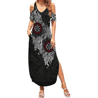 Fenrir Wolf and Vegvisir Viking Summer Maxi Dress Nordic Celtic Knotwork Black and Red Tribal Art