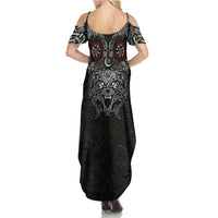 Fenrir Wolf and Vegvisir Viking Summer Maxi Dress Nordic Celtic Knotwork Black and Red Tribal Art